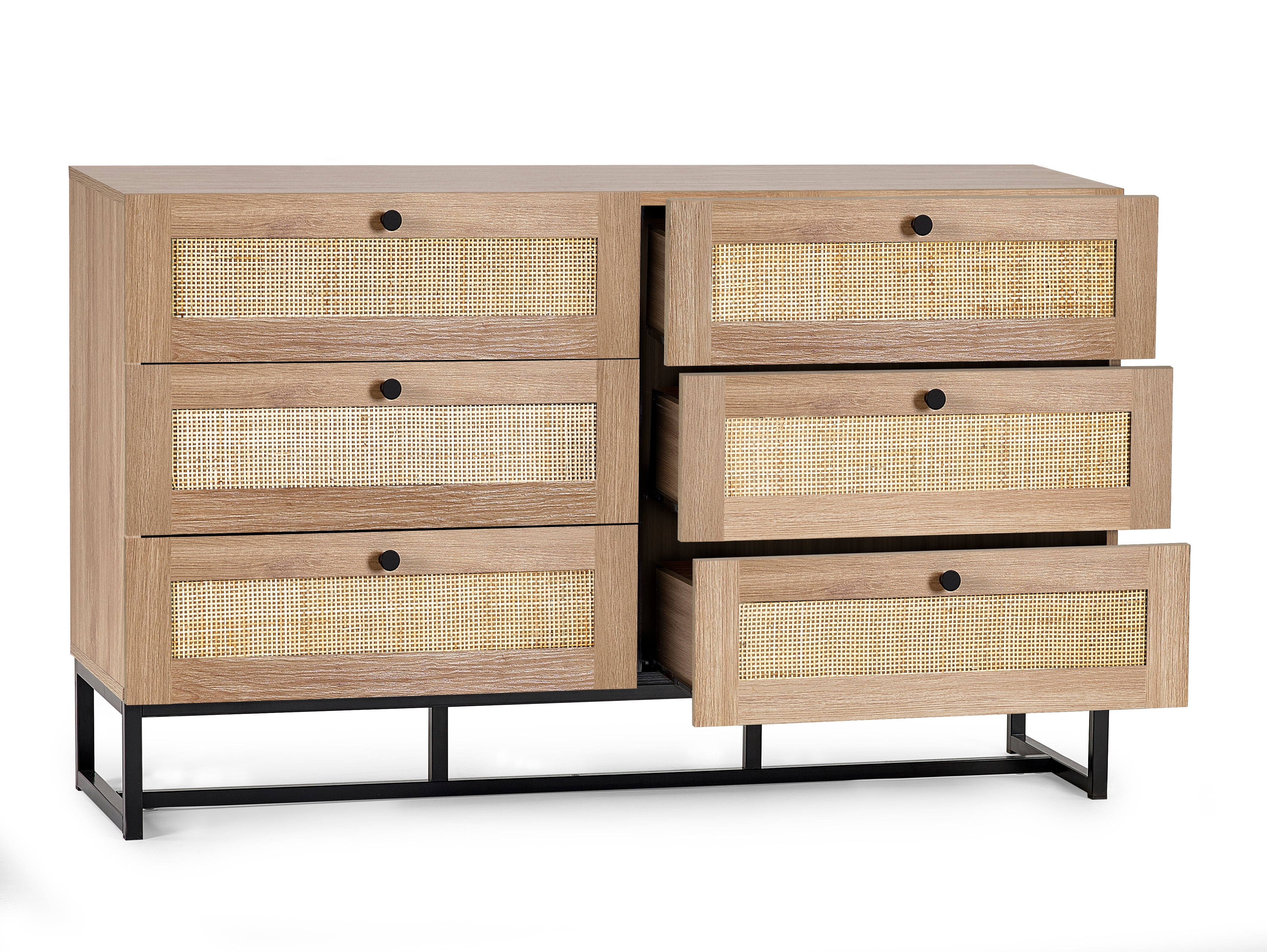 Clermont Oak Wood & Rattan Chest of Drawers | 6 Drawers